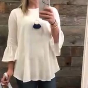 White flare sleeve 3/4 length sleeve keyhole button back top